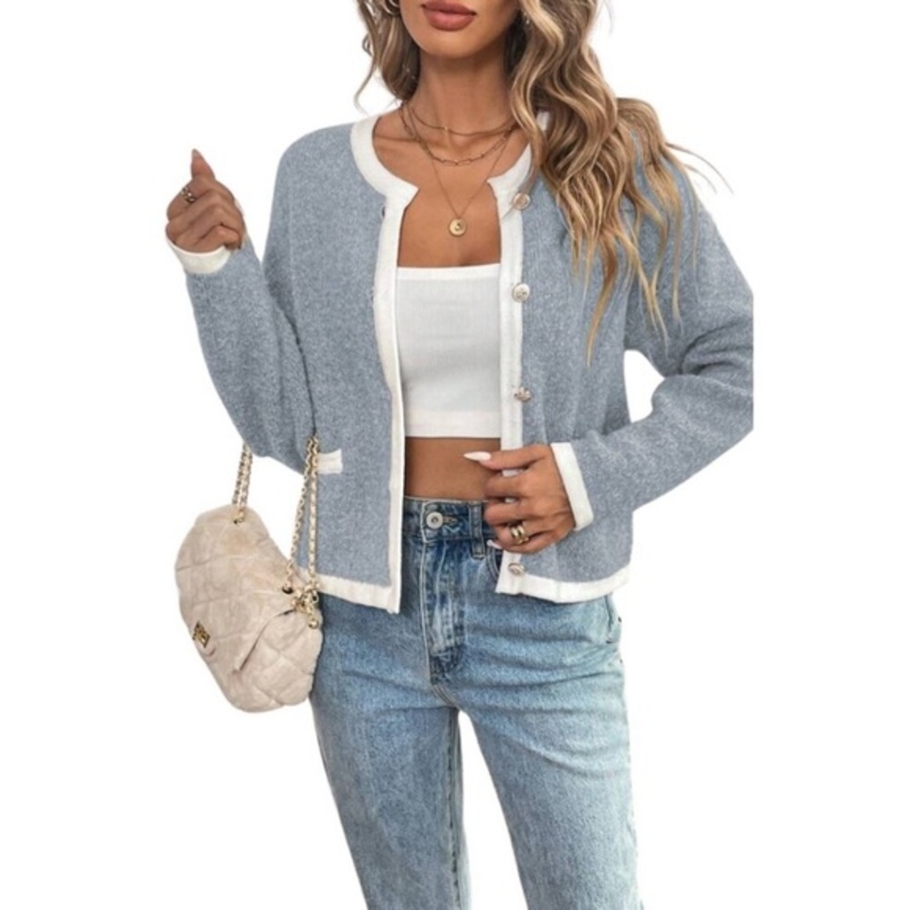 SHEIN Light Blue Contrast Trim Cardigan – Size Small, NWOT